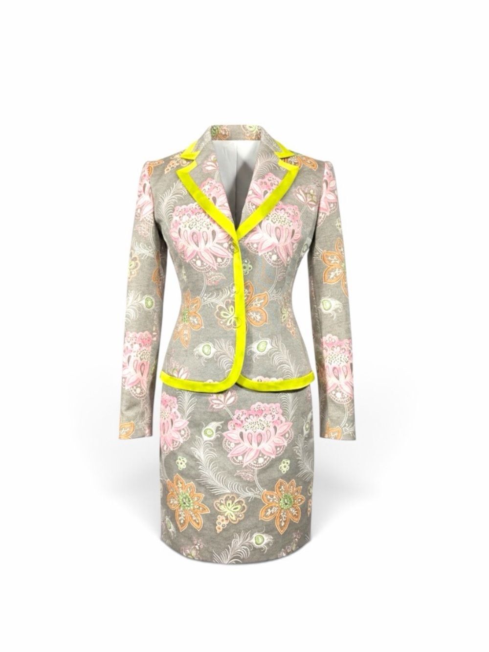 Etcetera Size 0 Floral Peacock Skirt Suit Velvet Trim 2 Piece Set